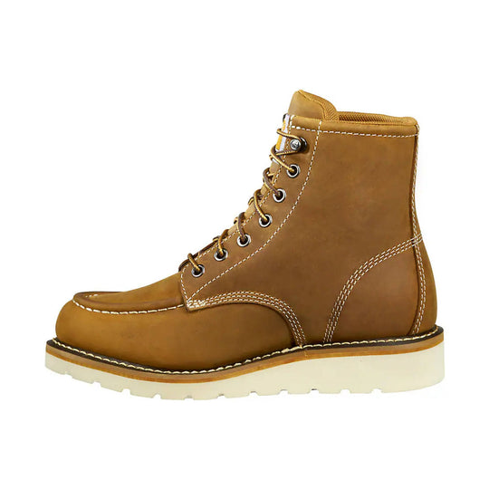 Brown leather lace-up work boot with a white wedge sole