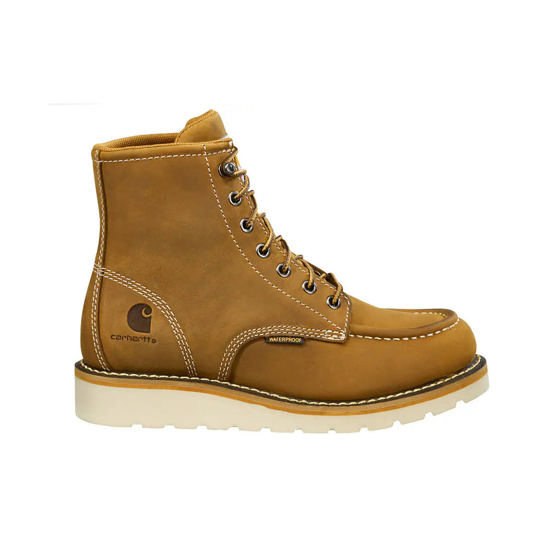 Tan leather lace-up work boot with white stitching and a thick light-colored wedge sole