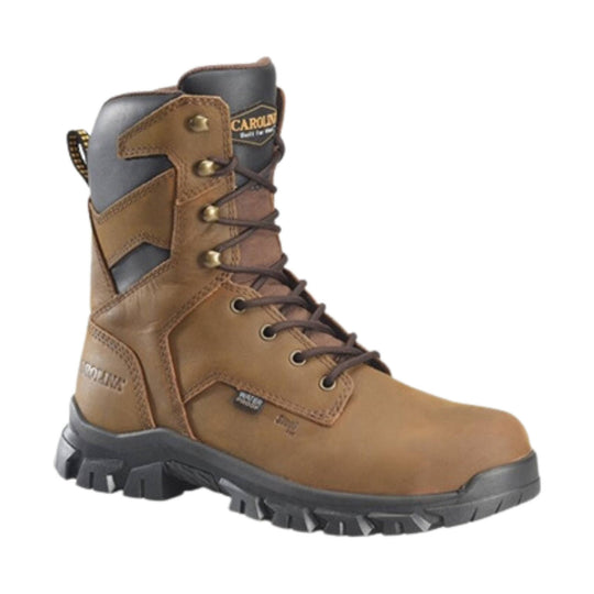 Brown leather lace-up work boot with black lug sole and padded ankle collar