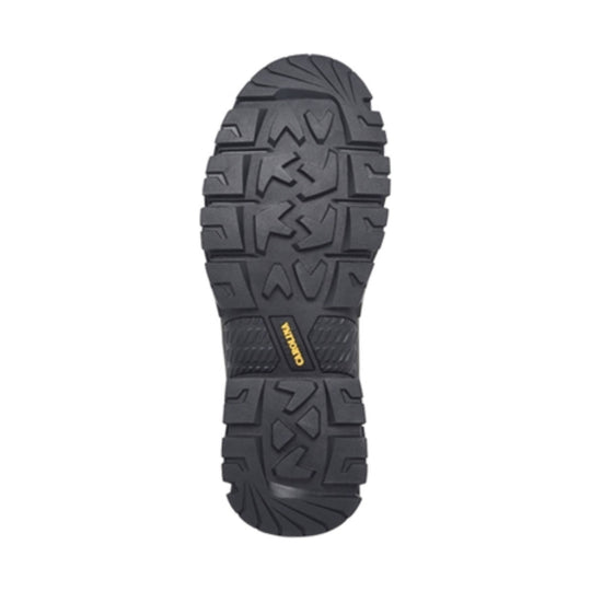 Black lugged work boot outsole with deep tread and Carolina branding