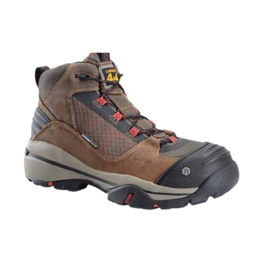 Brown hiking boot with black and red accents on a white background