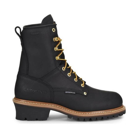 Black boot with gold laces on a white background