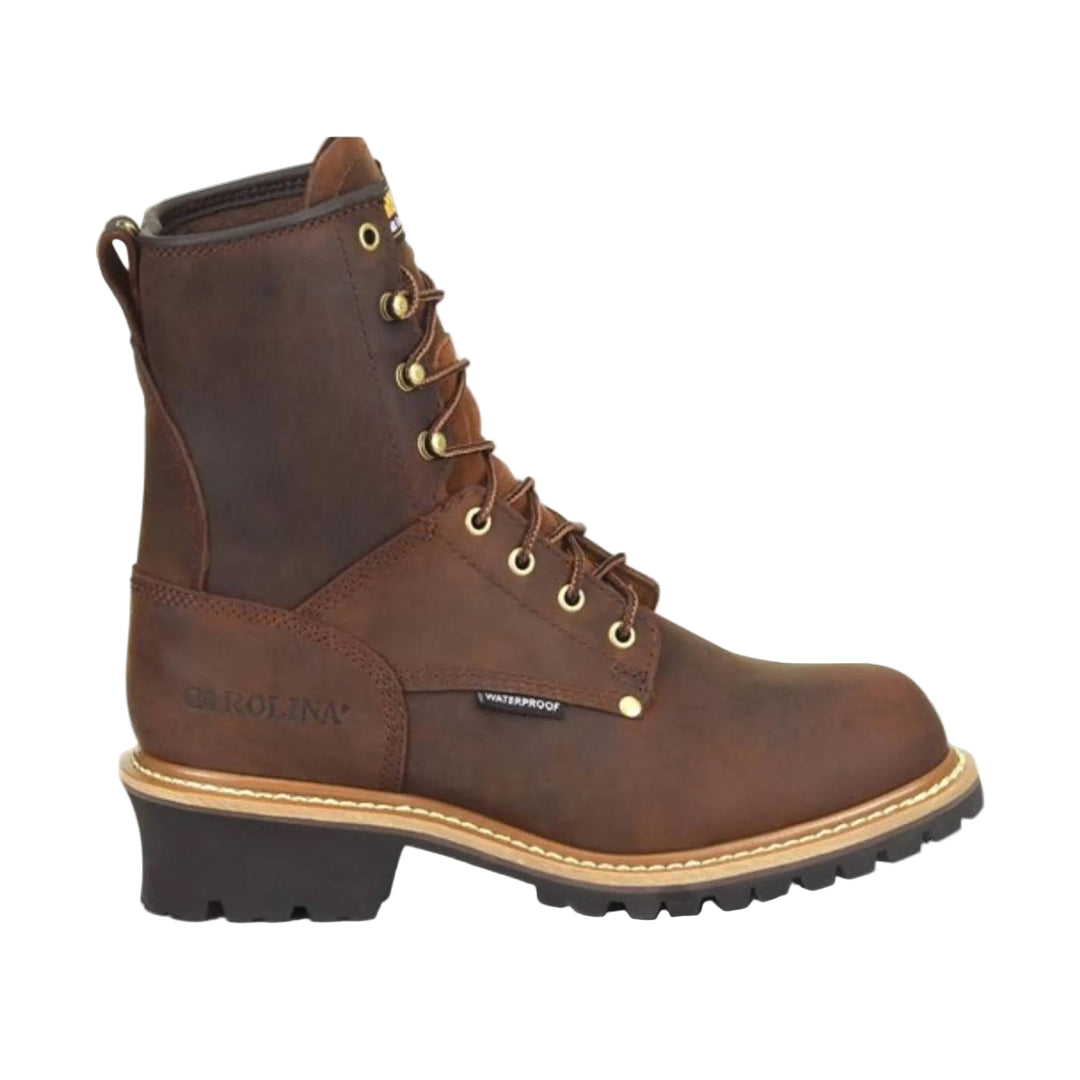 Brown leather boot with gold laces on a white background