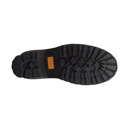 Black boot sole with a brand logo on a white background