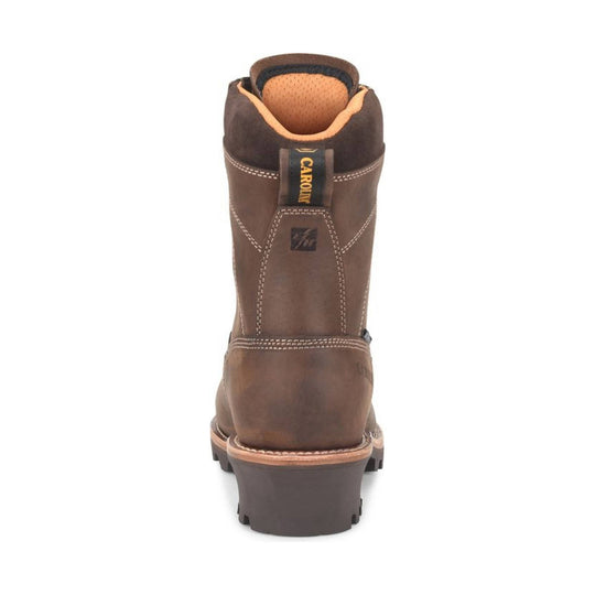 Brown leather work boot shown from the back with a pull tab and visible CAROLINA label