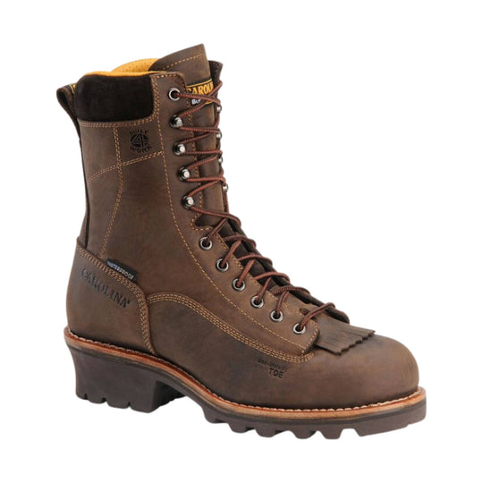 Brown leather lace-up work boot with metal eyelets, lug sole, and visible waterproof markings