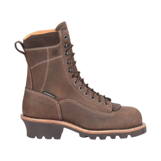Brown lace-up work boot with metal eyelets, a pull tab, and lug sole