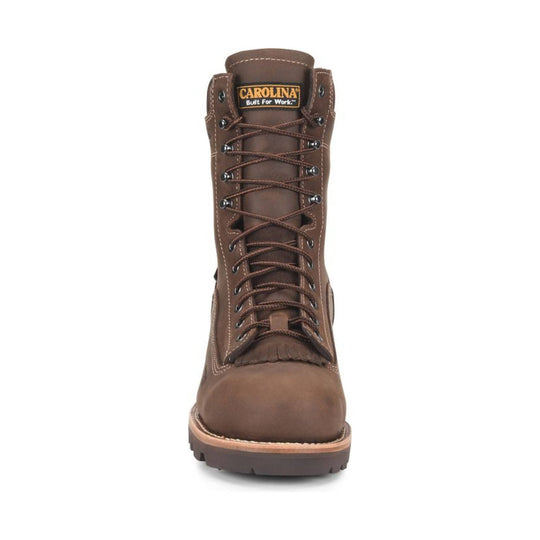 Brown lace-up work boot with a padded collar and rugged tread, front view