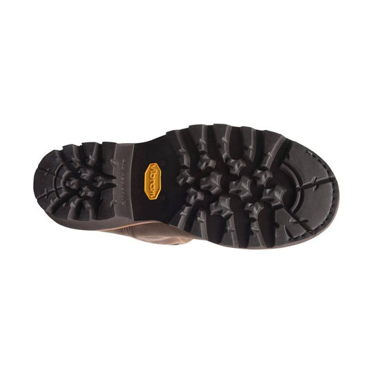Black lugged boot outsole with a yellow Vibram logo