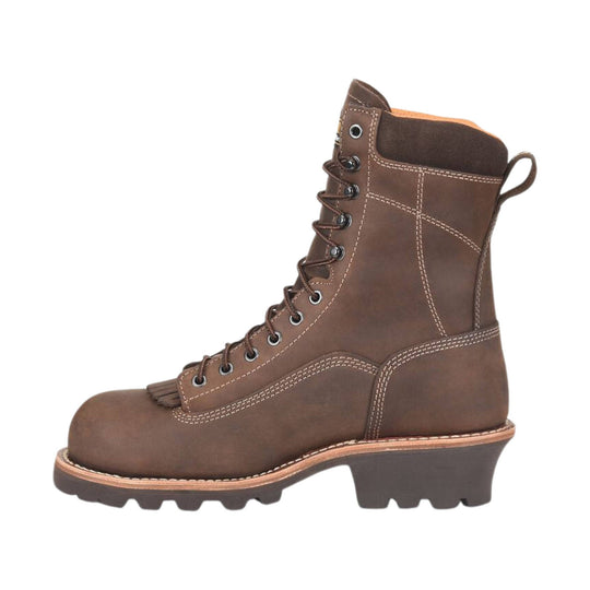 Brown lace-up work boot with a rounded toe and lug sole, shown in side profile