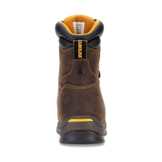 Brown work boot with yellow accents on a white background
