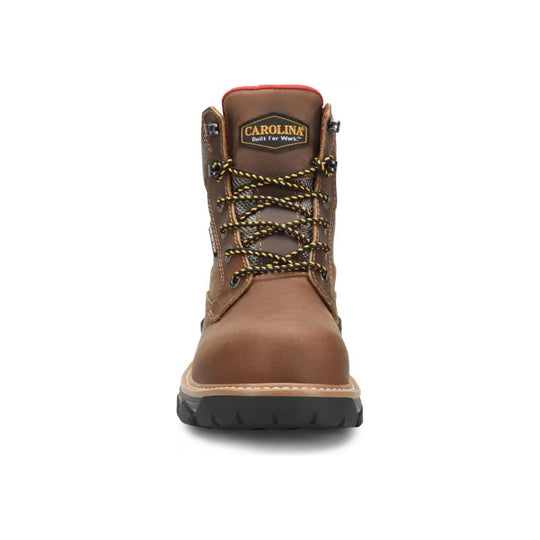 Brown leather boot with visible branding on a white background