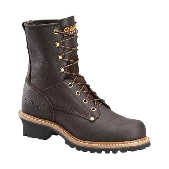 Brown leather lace-up logger work boot with a black lug sole and visible CAROLINA branding