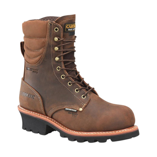 Brown leather lace-up logger boot with lug sole and CAROLINA label