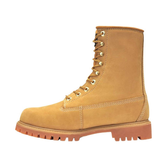 Tan boot with laces on a white background