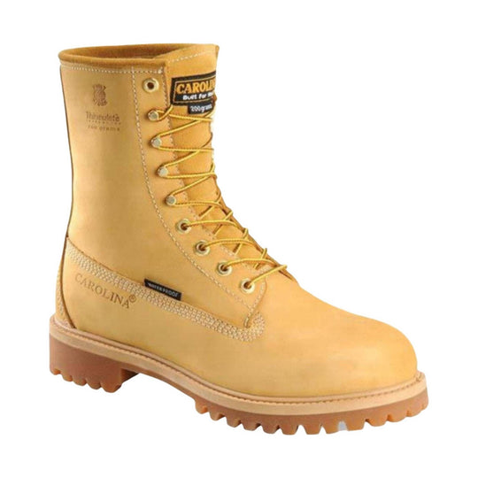 Tan work boot with laces on a white background