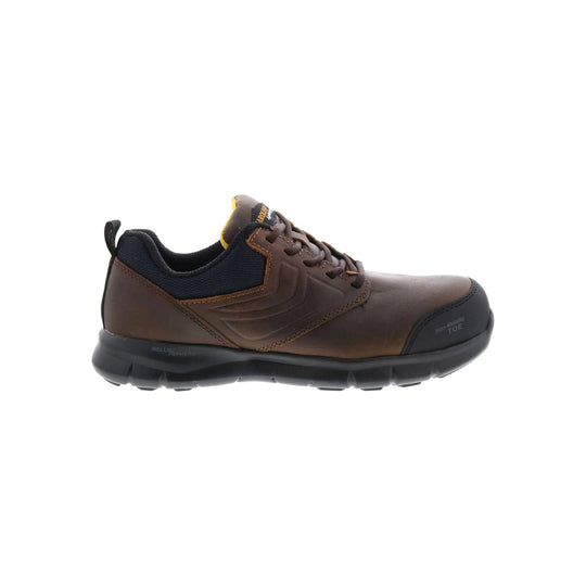 Brown lace-up work shoe with black toe cap and rugged sole