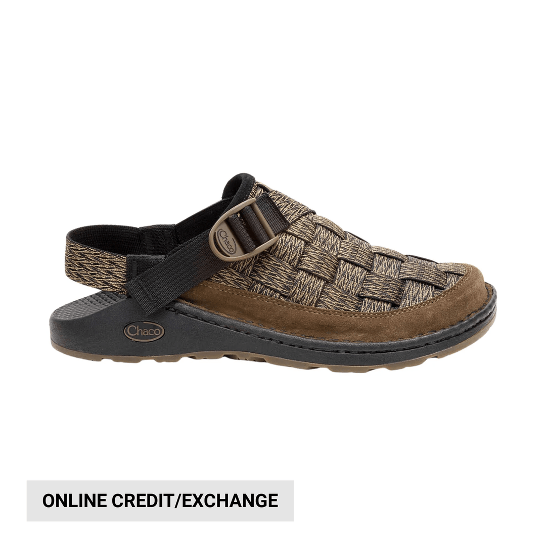 Woven slip-on clog sandal with black and tan upper, heel strap, and side buckle