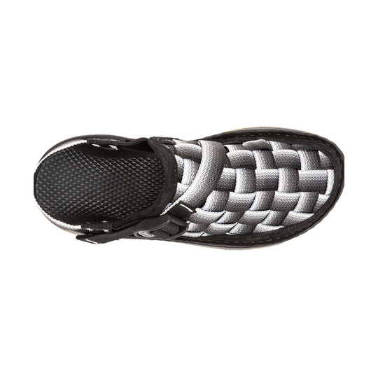 Top view of a black and gray woven clog with a textured footbed and pull tab