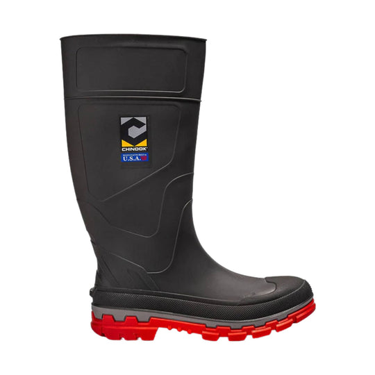 Black mid-calf rubber work boot with a bright red lug sole and visible logo patch