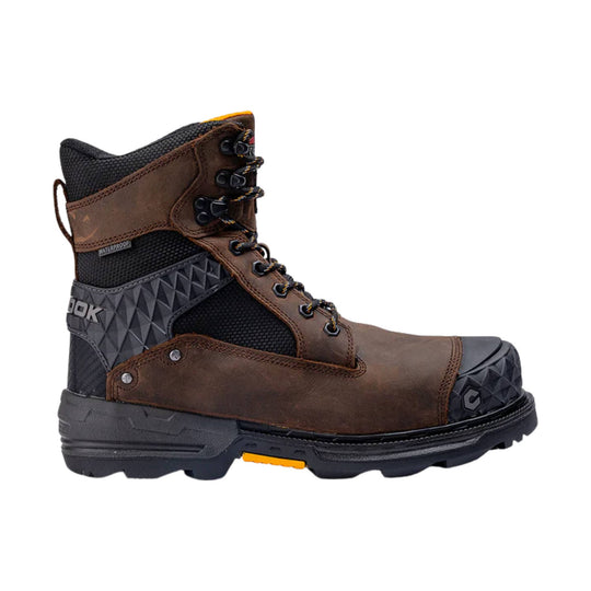 Brown and black lace-up work boot with waterproof label and rugged tread