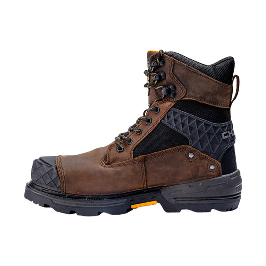 Brown and black lace-up work boot with a composite toe and rugged tread