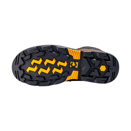 Black lugged work boot outsole with yellow traction inserts