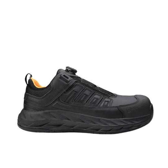 Black low-top work shoe with a thick lugged sole, BOA-style dial closure, and yellow interior lining