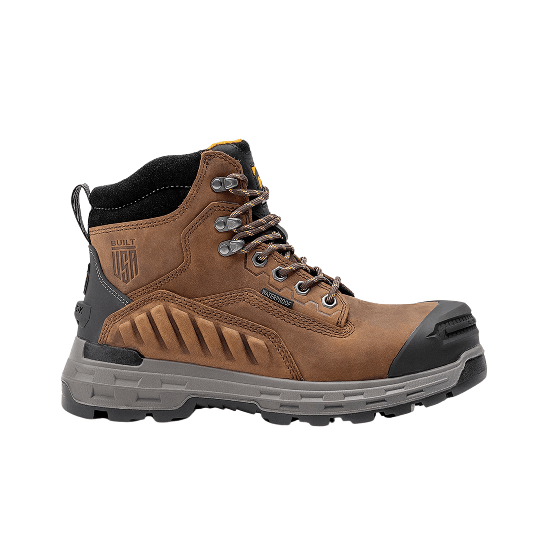 Brown lace-up work boot with black padded collar, composite toe, and gray lug sole