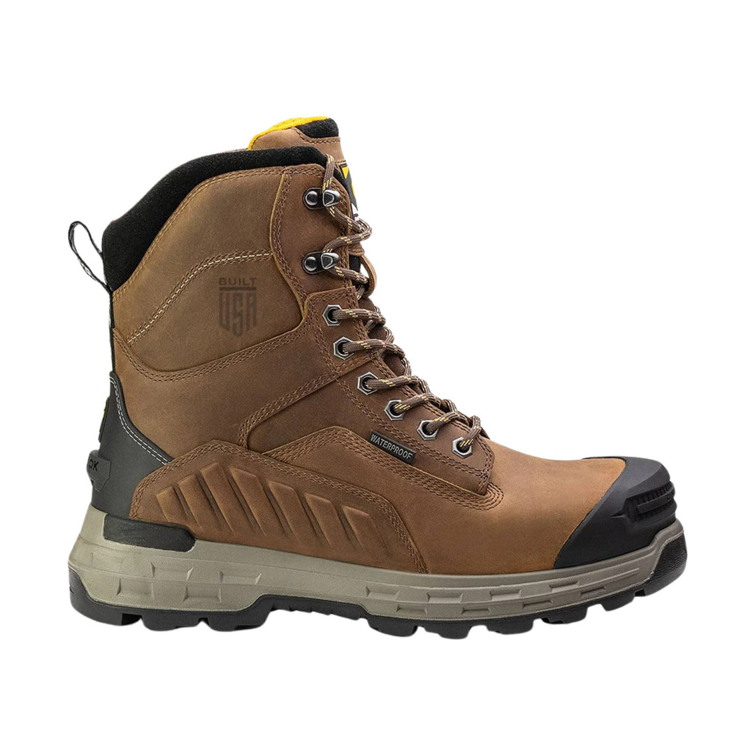 Brown lace-up waterproof work boot with black toe cap, padded collar, and lug sole