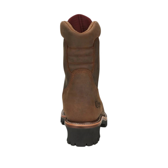 Brown leather pull-on work boot with a black lug sole, rear view