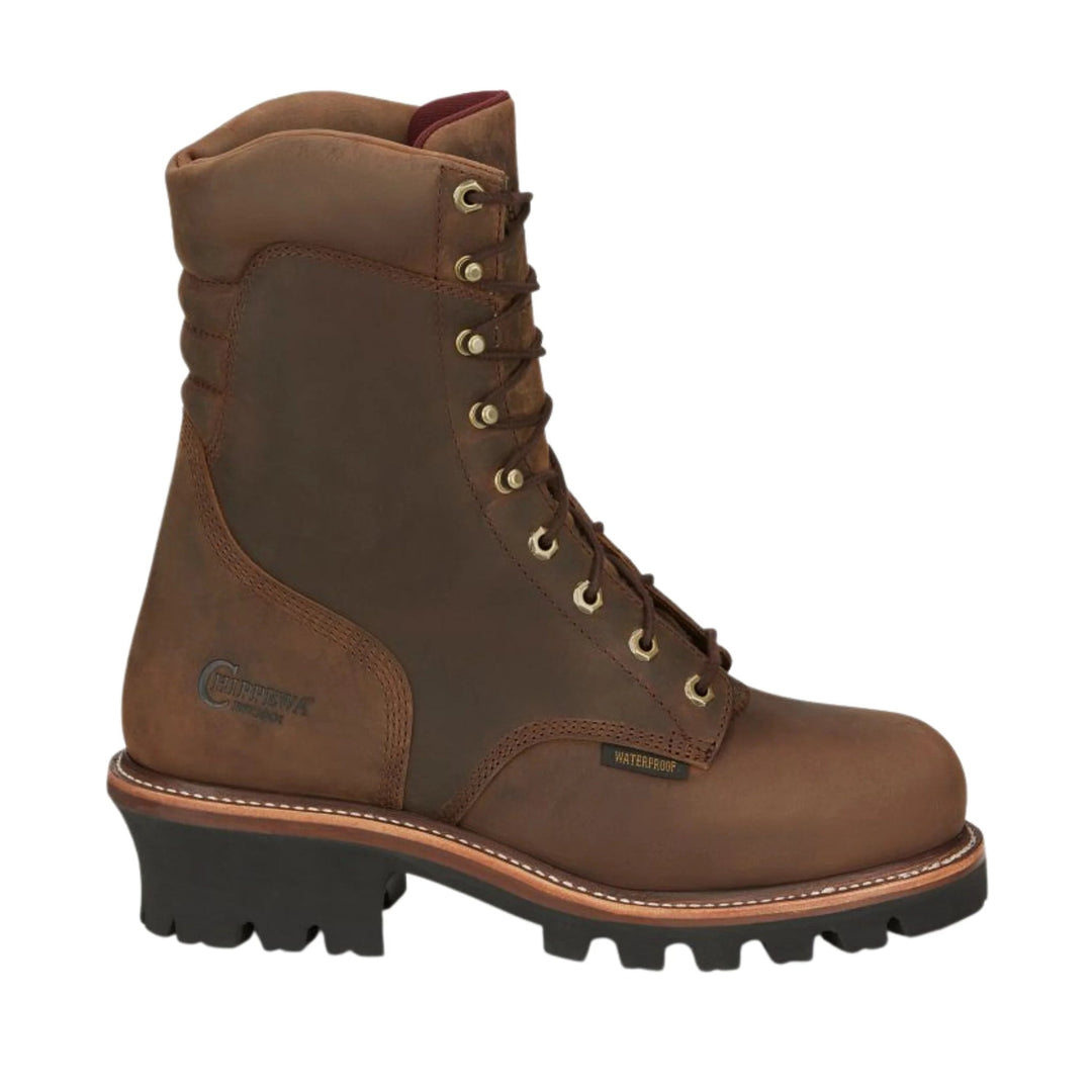 Brown leather lace-up work boot with brass eyelets, lug sole, and visible "WATERPROOF" label.