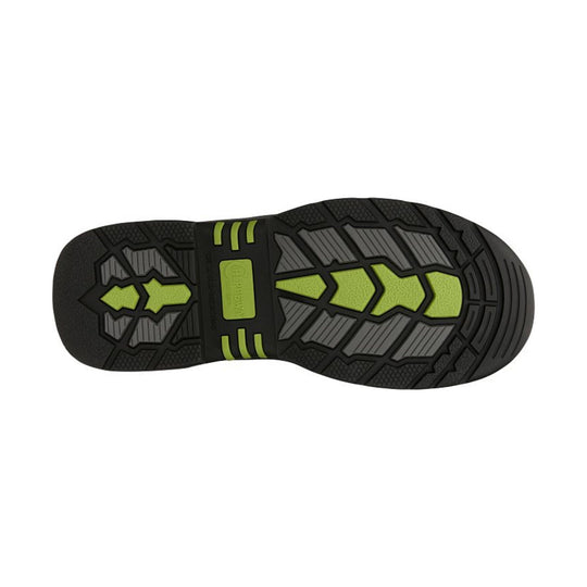 Black boot outsole with lime green tread inserts and molded traction pattern