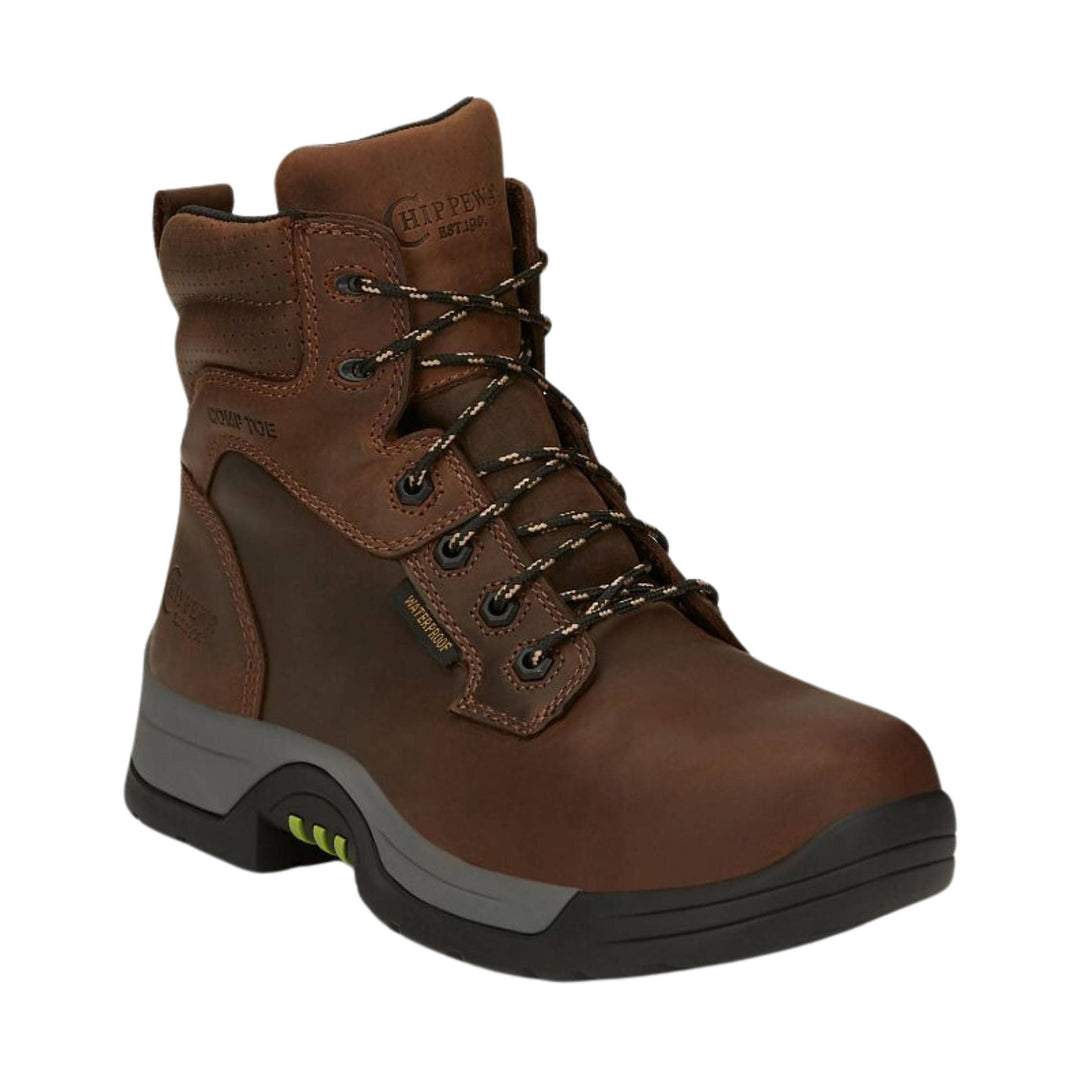 Brown lace-up work boot with black and gray sole and visible side waterproof tag