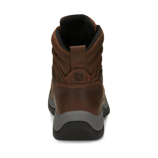 Brown leather work boot with black collar and gray cushioned heel, rear view