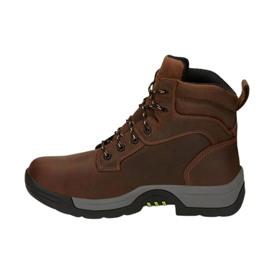Brown lace-up work boot with black outsole and gray midsole, shown in side profile