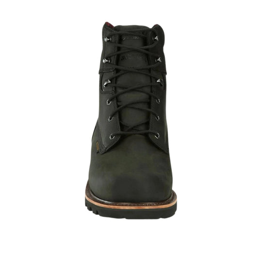 Black lace-up work boot with metal eyelets and a thick treaded sole