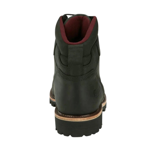 Black lace-up work boot shown from the back, with red lining and a lug sole