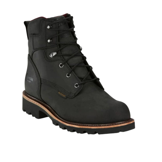 Black lace-up work boot with a padded ankle collar, metal eyelets, and rugged lug sole