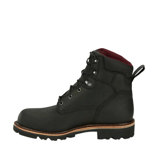 Black lace-up work boot with a padded collar, metal eyelets, and a lug sole