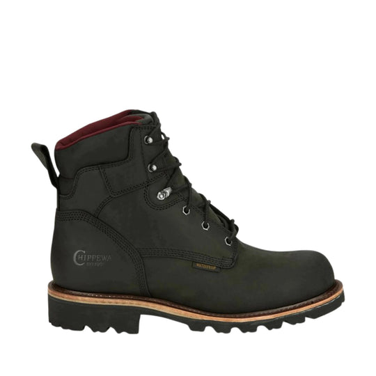Black lace-up work boot with a padded collar, metal eyelets, lug sole, and visible waterproof marking