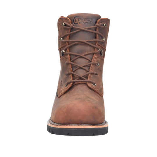 Brown leather lace-up work boot with metal eyelets and lug sole, front view