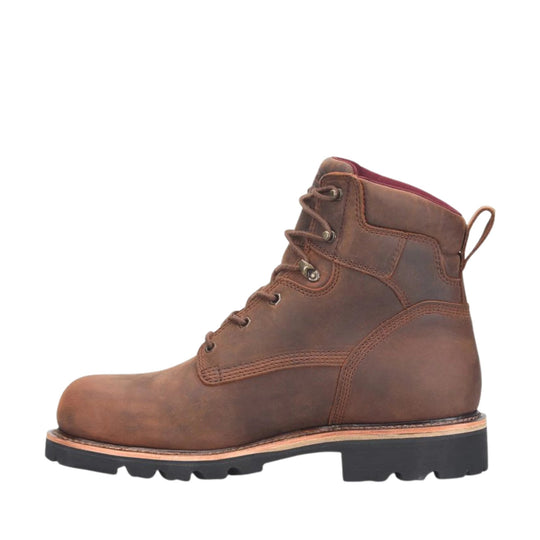 Brown leather lace-up work boot with a black lug sole and ankle pull loop