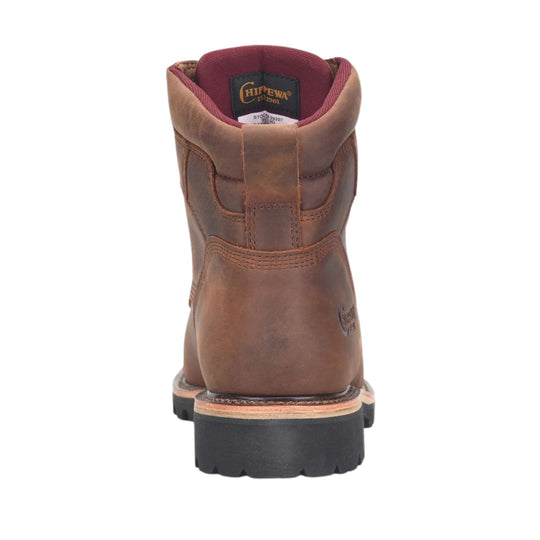 Brown leather lace-up work boot shown from the back with a black lug sole.