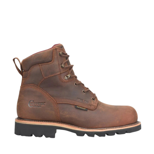 Brown leather lace-up work boot with padded collar, pull loop, and lug sole
