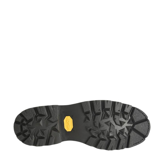 Black lugged work boot outsole with a yellow Vibram insert