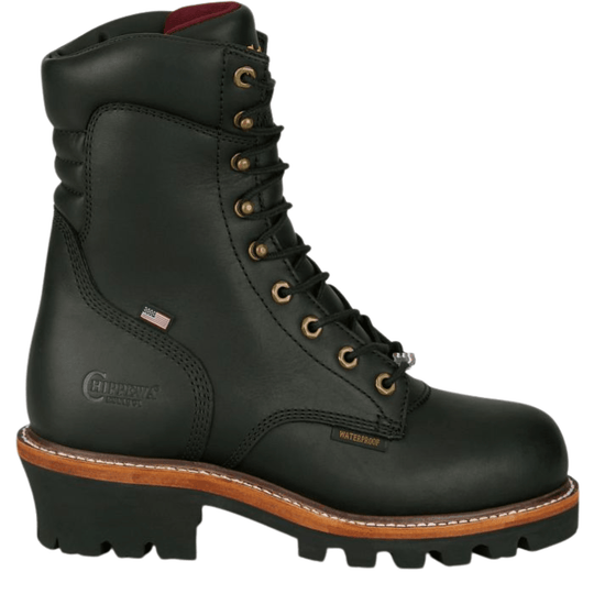 Black leather lace-up work boot with brass eyelets, lug sole, and visible waterproof label