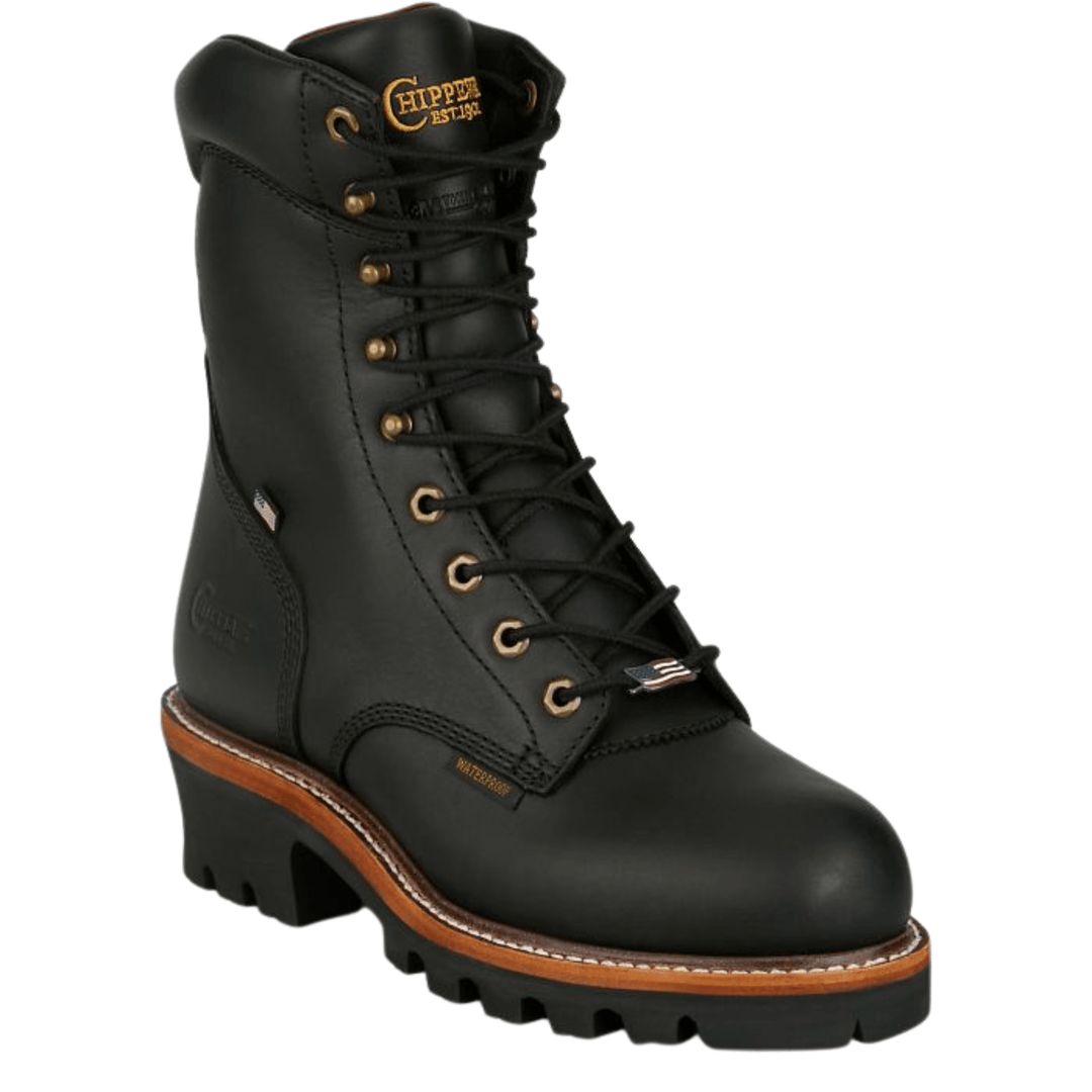 Black lace-up leather work boot with brass eyelets, lug sole, and tan welt