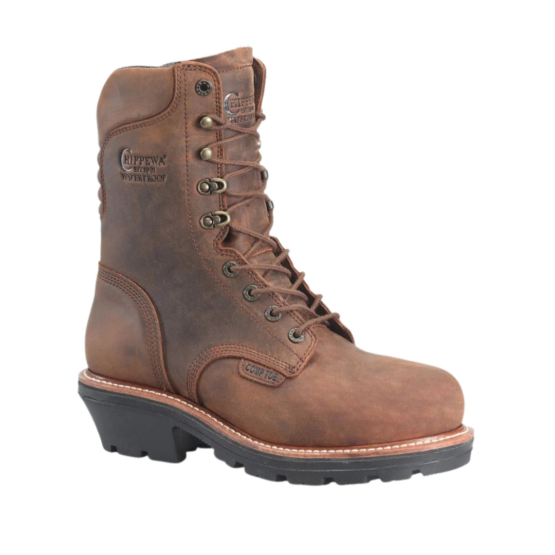 Brown leather lace-up work boot with lug sole and visible Chippewa waterproof markings