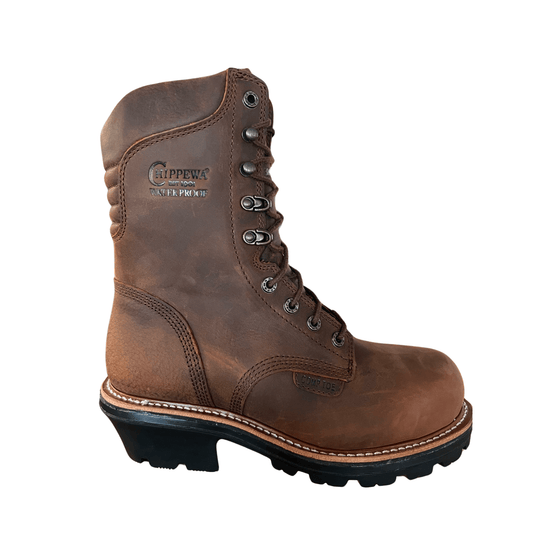 Brown leather lace-up logger work boot with metal eyelets, stitched welt, and thick lug sole
